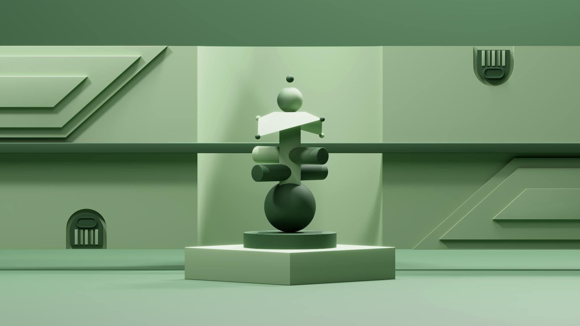 Zielona geometryczna statuetka 3D w minimalistycznej galerii sztuki